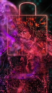 Animation of purple shapes over padlock icon with computer circuit board on black background