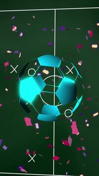 Animation of neon soccer ball over soccer field and confetti