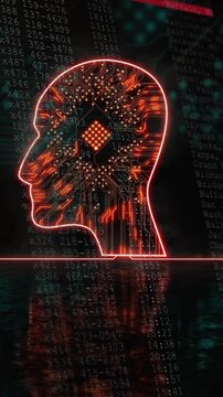 Animation of integrated circuit over head profile and integrated circuit on black background