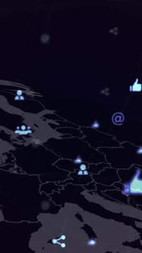 Digital composite video of web of connections with icons moving against globe in background