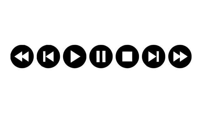 Media control icons set with play pause stop rewind fast forward buttons featuring flat design and minimalist style with black and white colors and simple outlines