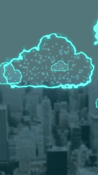 Animation of digital clouds flying over cityscape