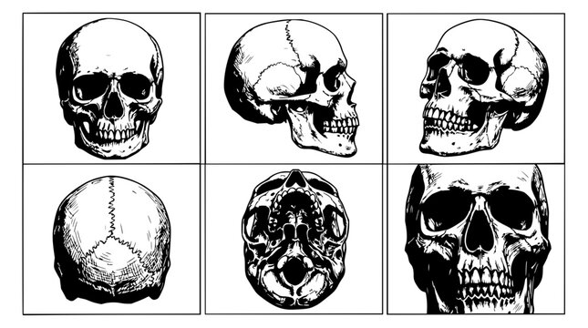 Skull set arranged in 2x3 grid featuring bone structures with dark background and shadows