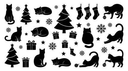 Fototapeta premium Black Christmas cat and holiday festive silhouettes set.