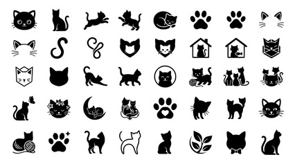 Fototapeta premium Set of black cat silhouettes and paw prints for design and icons