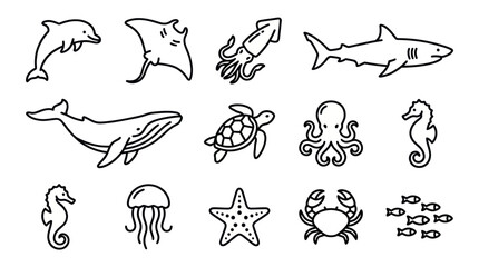 Obraz premium Marine animal and sea life line art icons.
