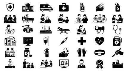 Fototapeta premium Set of black and white medical icons representing healthcare and hospital services