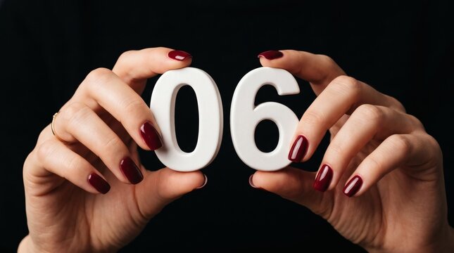 Womans Hands Holding White Number Six Against Black Background.