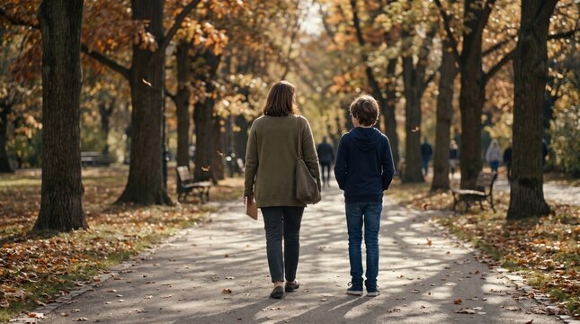 A woman and a young boy walk away from the camera along a path in a park filled with autumn trees and fallen leaves.