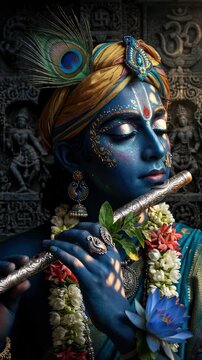 Deity Lord Krishna: sacred flute, divine avatar, blue Govinda, peaceful Gopala, holy Madhava, mystic Keshava, spiritual melody, serene face, peacock feather, floral garland, lotus flower.