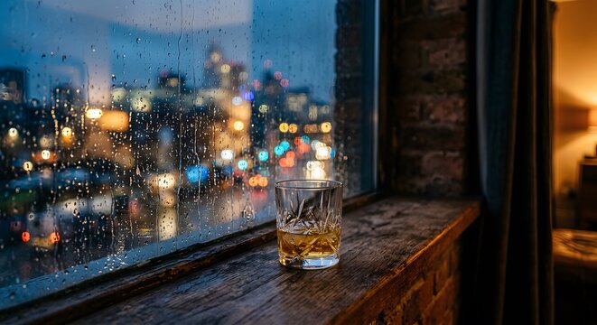 Crystal Whiskey Glass on Wooden Window Sill with Rain and City Lights Bokeh