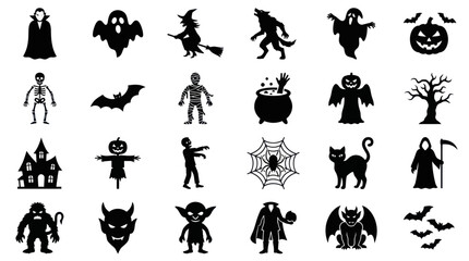 Fototapeta premium Spooky Halloween monster and holiday decoration silhouette set.