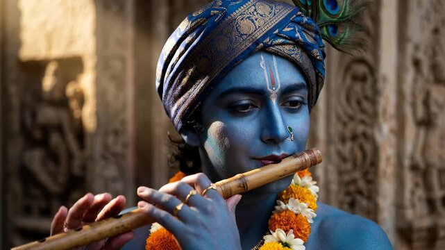 Hindu deity Krishna: divine avatar, sacred flute, peaceful musician, mystical melody, floral garland, peacock feather, ancient temple, traditional turban, holy portrait, serene face.