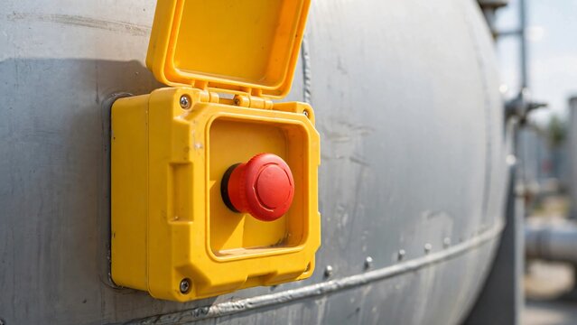 Industrial emergency stop button with red push button on a metal tank facility