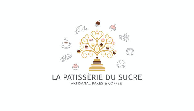Elegant bakery logo with a tree bearing colorful macarons and cupcakes surrounded by various dessert illustrations.