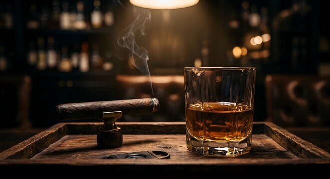 Whiskey and Lit Premium Cigar on Dark Wooden Tray with Rising Smoke in Bar Atmosphere