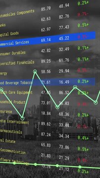 Animation of financial data processing over cityscape