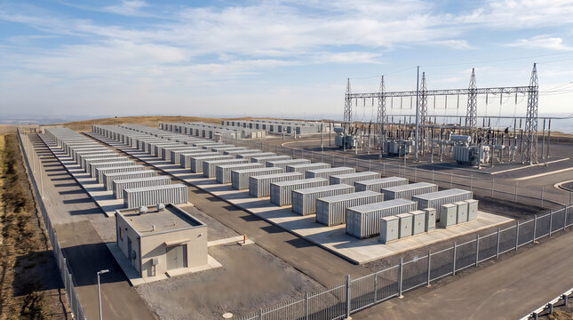 Aerial view of a large-scale battery energy storage system facility with rows of gray containers and a high-voltage electrical substation