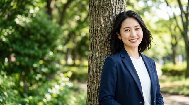 プロフィール写真をイメージした、緑豊かな屋外にある一本の木にもたれかかり、穏やかな笑顔をカメラに向けている知的な印象の20代日本人女性社員のバストアップポートレート