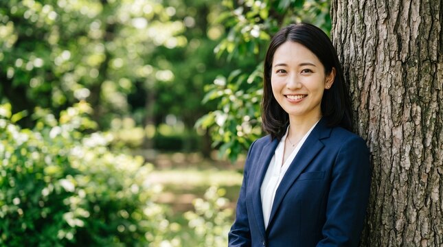 プロフィール写真をイメージした、緑豊かな屋外にある一本の木にもたれかかり、穏やかな笑顔をカメラに向けている知的な印象の20代日本人女性社員のバストアップポートレート