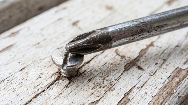 Close-up of a Phillips head screwdriver turning a screw in weathered wood.