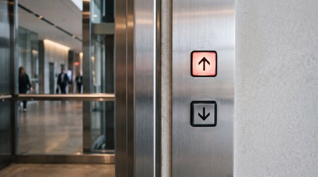 Modern Elevator Buttons Illuminated Up and Down Arrows in Office Building Lobby.