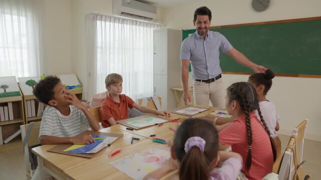 Teacher Guiding Diverse Elementary School Children During Collaborative Classroom Art Activity, Supporting Student Learning, Education, Group Creativity, Colorful Drawings, and Collaboration Wooden