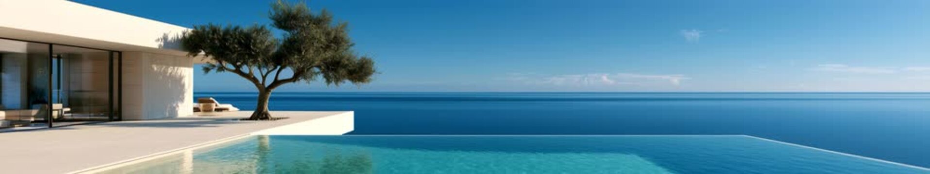 Luxury Oceanfront Villa with Infinity Pool and Olive Tree in a Panoramic Seamless Loop Animation