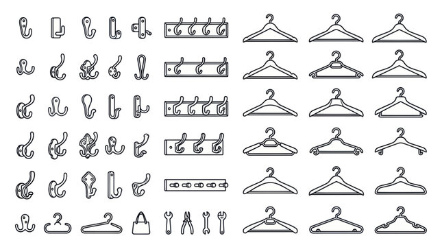 Clothes hangers and storage hook line icons collection