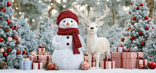 Fototapeta premium In a snowy forest, a cheerful snowman and reindeer stand among decorated pines and vibrant gifts.