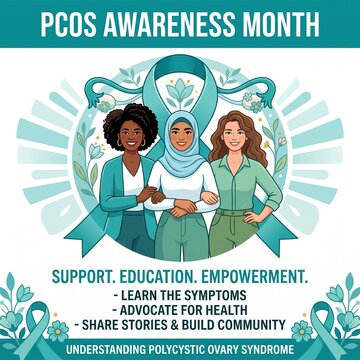 Pcos awareness month informative poster featuring diverse women and anatomy