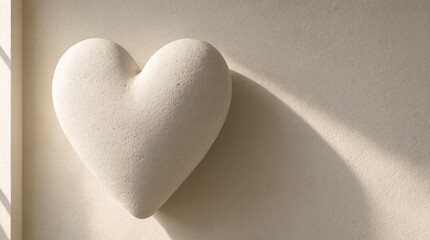 Obraz premium A minimalist stone heart sculpture rests against a neutral textured wall under warm sunlight.