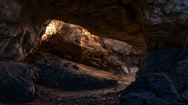Natural cave interior with sunlight streaming through the entrance rugged rock formations
