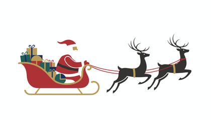 Fototapeta premium Santa Claus riding his red sleigh full of colorful gift boxes pulled by two majestic reindeer vector.