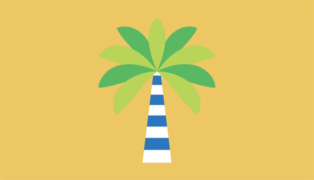 Stylized palm tree with a blue and white striped trunk on a mustard yellow background vector illustration.