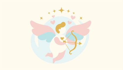 Fototapeta premium Cute cupid angel aiming a golden bow and arrow surrounded by pink hearts and stars on soft cream background.