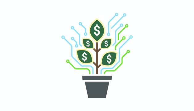 Green money plant in a pot with dollar leaves and circuit board connections, representing financial technology and eco investment.