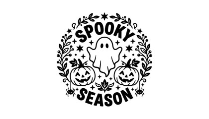 Fototapeta premium Spooky Season Halloween Badge Vector Graphic Design with Cute Ghost Pumpkins and Autumn Floral Wreath Border for Festive Apparel Prints and Party Decorations