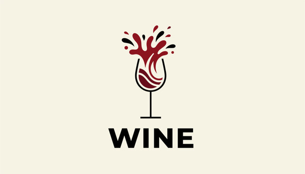 Minimalist wine splash logo design featuring a glass with dark red liquid exploding outwards on a cream background.