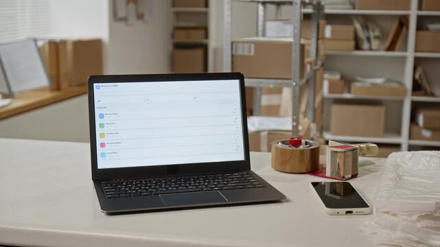 Laptop displaying inventory management software sitting on desk in e-commerce fulfillment warehouse. Footage is perfect for promoting logistics technology and supply chain management systems