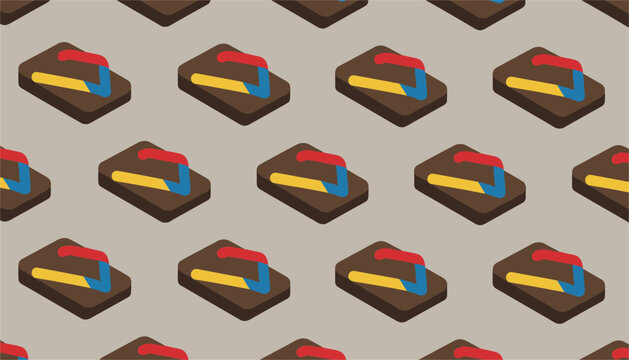 Seamless pattern of traditional Japanese wooden geta sandals with colorful straps over a neutral brown background.