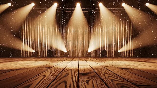 Empty wooden stage with bright spotlights and particles creating dramatic theater ambiance