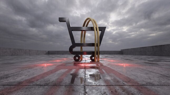 Monumental 3D cart sculpture glows under Black Friday clouds