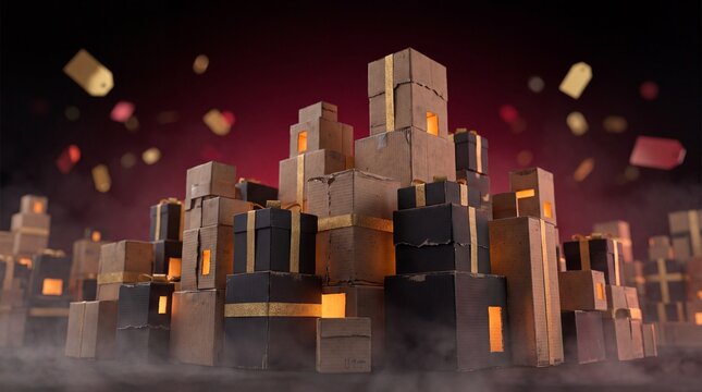 Gift box 3D skyline rendered for a Black Friday night