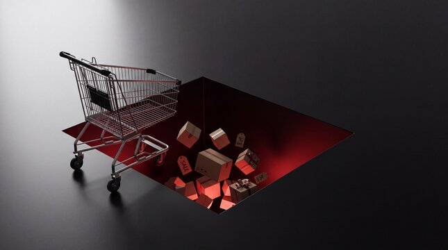 Black Friday 3D shopping cart beside a product abyss
