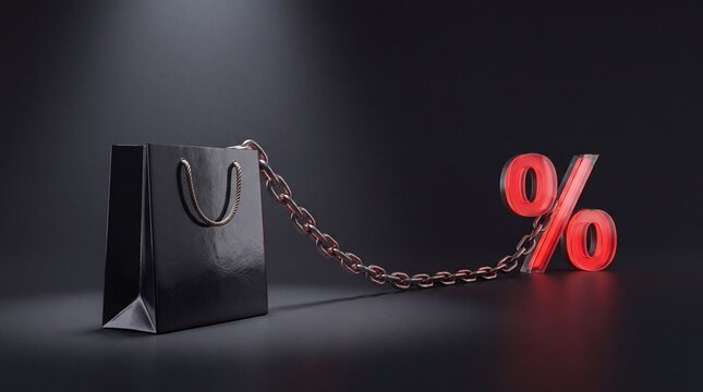 Black Friday 3D shopping bag chained to a discount symbol