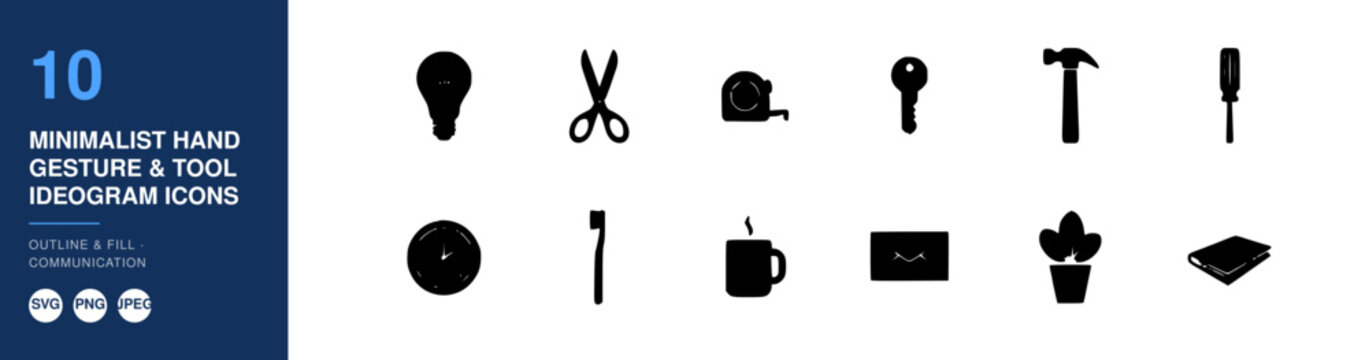 Minimalist Hand Gesture & Tool Ideogram Icons Set, Communication Outline & Fill Design, Conceptual Iconography.