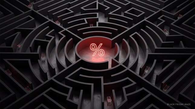 Black Friday 3D discount symbol at the center of a maze