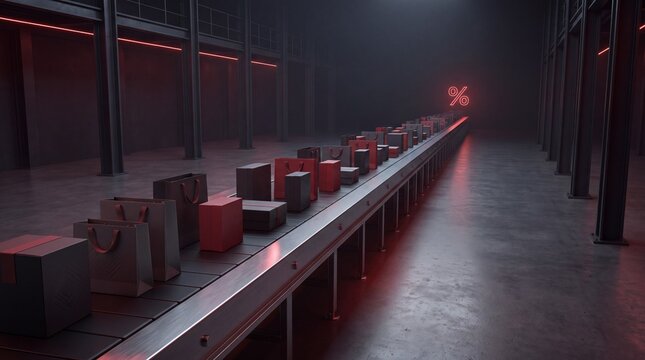 Black Friday 3D shopping bags moving along a conveyor belt