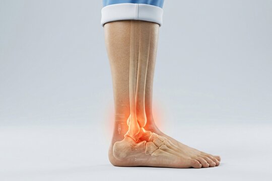 Ankle pain medical illustration, human foot with glowing red inflammation, joint injury and bone anatomy visualization